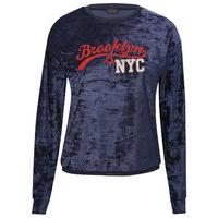 Teen girl long sleeve navy blue velour embroidered Brooklyn NYC metallic thread cneck sweat top - Navy