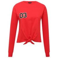 Teen girl 100% cotton long sleeve plain red number 03 print crew neck tie front casual sweat top - Red