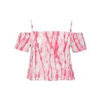 Teen girl short sleeve pink tie dye print thin strap cold shoulder design crop top - Pink