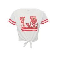 Teen Girls white short sleeve with pink stripe LA slogan mandala pattern tie hem crop top - White