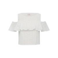 Teen girl white short sleeve with front ruffle detail pure cotton cold shoulder crop top - White