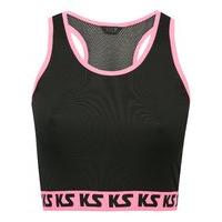 Teen girl plain black stretch sleeveless pink branded trim mesh racer back workout crop top - Black