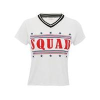 Teen girl white short sleeve pull on stripe v neck squad slogan jersey top - White