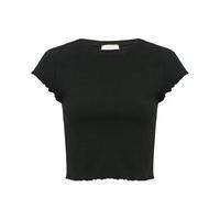 Teen girl plain cotton rich short sleeve round neck frill hem crop top - Black