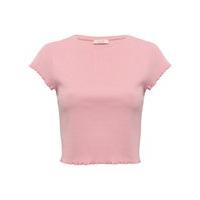 Teen girl plain cotton rich short sleeve round neck frill hem crop top - Pink