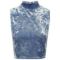Teen girl blue sleeveless high neck crushed velour fabric crop top - Blue