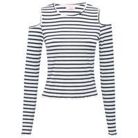 Teen girl long sleeve navy and white stripe pattern frill trim cold shoulder top - Cream