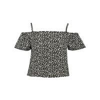 Teen girl monochrome spaghetti strap cold shoulder ruffle detail daisy print top - Black