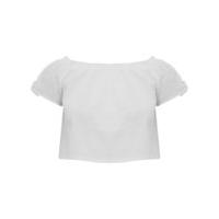 Teen girl bardot neck short sleeve with tie detail cotton linen blend crop top - White