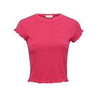 Teen girl short sleeve lettuce frill hem longer length crop top - Pink