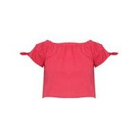 Teen girl bardot neck short sleeve with tie detail cotton linen blend crop top - Pink
