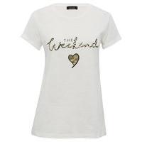 Teen girls pure cotton short roll sleeve crew neck The Weekend gold animal print slogan t-shirt - Cream