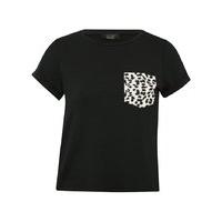 Teen girls plain jersey short roll sleeve crew neck animal print pocket crop t-shirt - Black