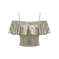 Teen girl metallic silver bardot frill cold shoulder spaghetti strap crop top - Silver