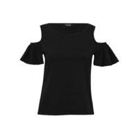 Teen girl plain ruffle short sleeve scoop neck cold shoulder top - Black