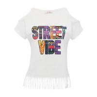 teen girls 100 cotton white short sleeve crew neck slogan fringe hem c ...