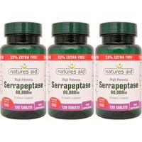 THREE PACKS of Natures Aid High Potency Serrapeptase 80, 000iu 90+30 Free Tablets