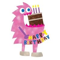 the pink greedy cake monster birthday card