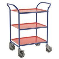 THREE TIER METAL SERVICE TROLLEY, BLUE FRAME WITH RED TRAYS