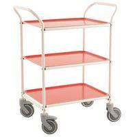 THREE TIER METAL SERVICE TROLLEY, WHITE FRAME WITH RED TRAYS