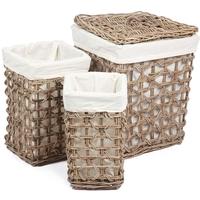 The Wicker Merchant Tall Square Baskets with Weaving and Lining Large Lined and with Lid (Set of 3)