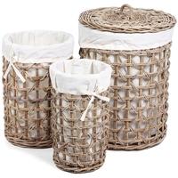 The Wicker Merchant Round Baskets with Weaving and Lining Large Lined and with Lid (Set of 3)