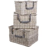 The Wicker Merchant Rectangular Trunk Box with Cushion Leather Straps and Handles (Set of 3)