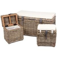 The Wicker Merchant Rectangular Trunk Bench with Cushion Leather Straps and Handles (Set of 3)