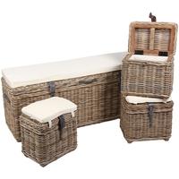 The Wicker Merchant Rectangular Trunk Bench with Cushion Leather Straps and Handles (Set of 4)