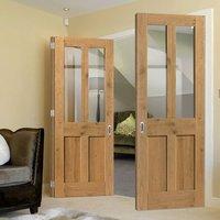 Thrufold Rustic Oak Shaker 2 Panel 2 Pane 2+1 Folding Door - Prefinished With Clear Safety Glass