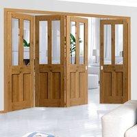 Thrufold Rustic Oak Shaker 2 Panel 2 Pane 3+1 Folding Door - Prefinished With Clear Safety Glass