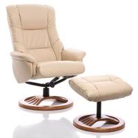 The Mandalay - Bonded Leather Recliner Swivel Chair & Matching Footstool in Cream (Round Base Upgrade)