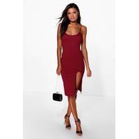 Thigh Split Ribbed Midi Dress - berry