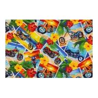 Timeless Treasures Tropical Motorcycle Postcards Poplin Quilting Fabric Multicoloured