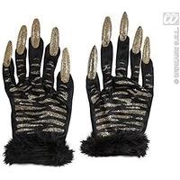 Tiger With Gold Glitter Nails Short Spandex & Velvet Gloves For Fancy Dress