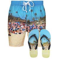 Tiki Beach Printed Swim Shorts in Cuba Beach with Free Matching Flip Flops  Tokyo Laundry