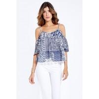 tile print crinkle cold shoulder blouse