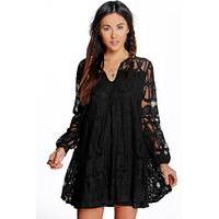 Tie Front Lace Swing Dress - black