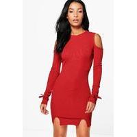 Tie Sleeve Ribbed Bodycon Dress - cinnamon