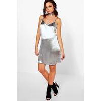 Tie Neck Satin Slip Dress - silver