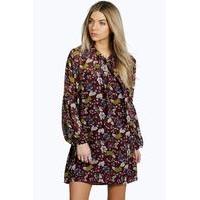 Tie Neck Puff Sleeve Floral Shirt Dress - berry