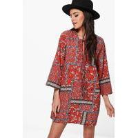 Tie Front Paisley Western Shift Dress - rust
