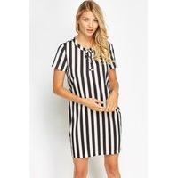 tie up neck striped shift dress