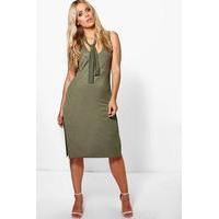 Tie Detail Horseshoe Neck Midi Dress - khaki