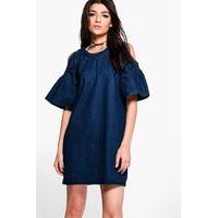 Tie Back Cold Shoulder Denim Dress - dark blue