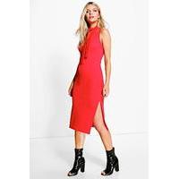 Tie Neck with Side Splits Midi Dress - poppy