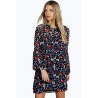 Tie Neck Puff Sleeve Floral Shirt Dress - navy