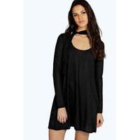 tie neck slinky rib swing dress black