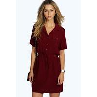 Tie Waist Shirt Skater Dress - berry