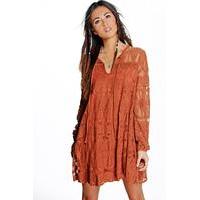 Tie Front Lace Swing Dress - rust